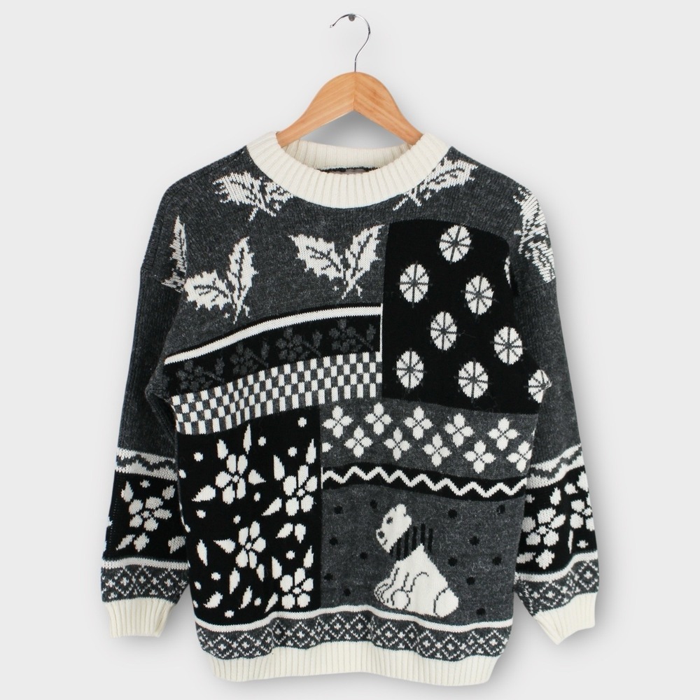 Vintage Private Eyes Nordic Sweater Women's Medium Gray Black White Polar Bear